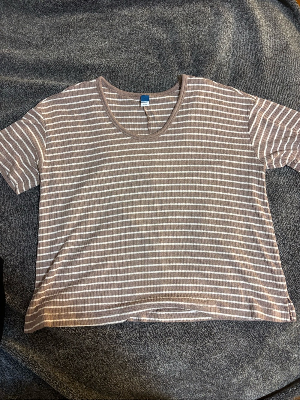 Old Navy Striped Short-Sleeve Ribbed Top in Taupe and White